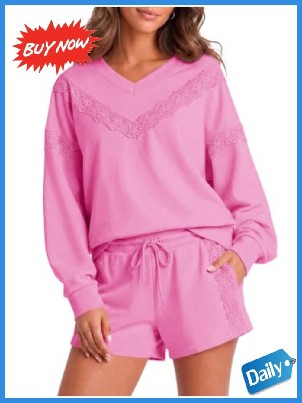 Lace V Neck Long Sleeve Sweatshirt Short Set